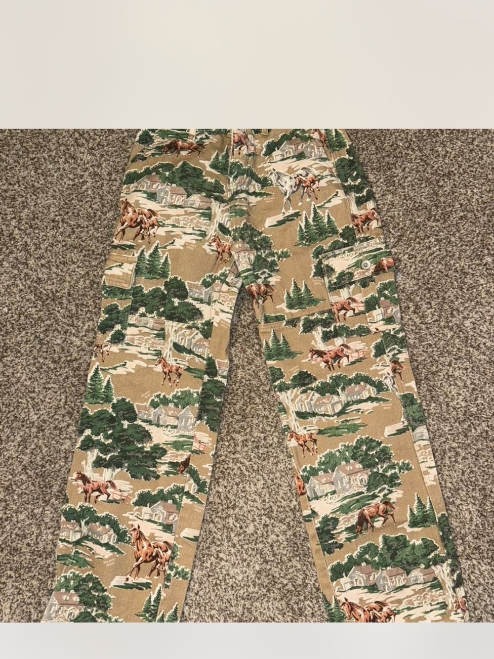Dairy boy women’s  Scenic Horse Print Cargo Pants-jeans  - Tan & Green